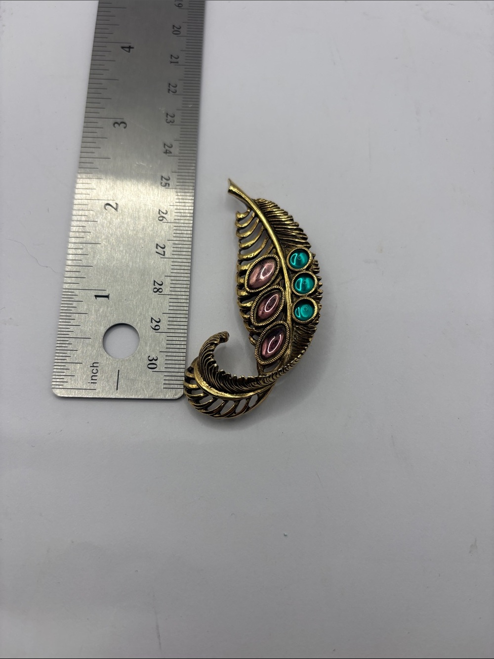 Gold-Tone Leaf Brooch with Pink and Teal Accents